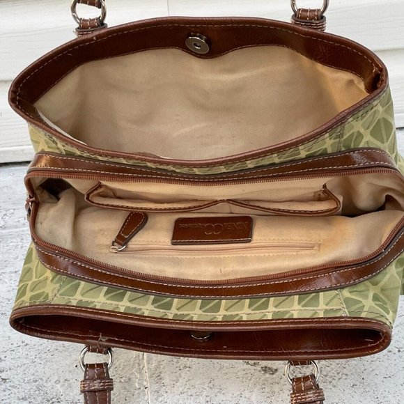 Nine & Company Women Bag Green Convas Brown Leather Hand Bag - Picture 7 of 12